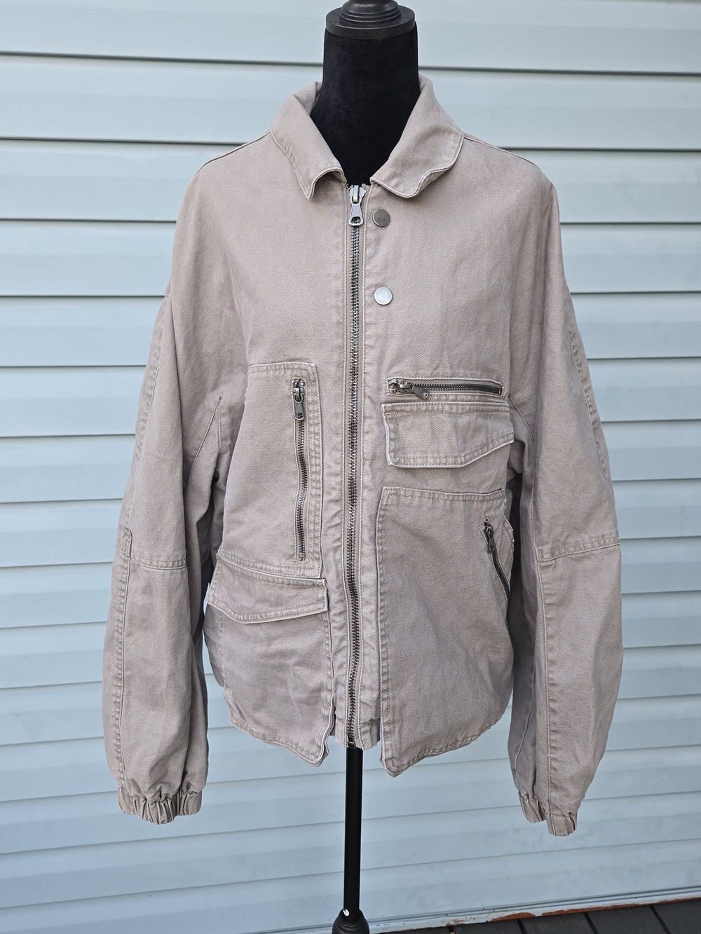 ZARA Taupe Khaki Utility Cargo Jacket Heavyweight Cotton Canvas Zip Up Size Med